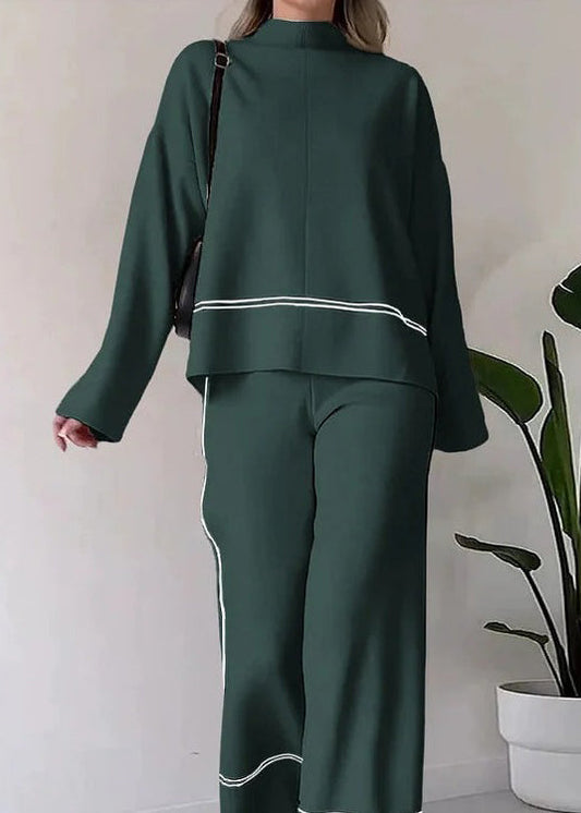 Loose Green O Neck Striped Knit Two Pieces Set Spring