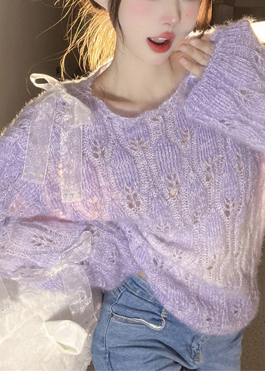 French Purple O Neck Bow Ma Hai Mao Knitted Sweaters Fall