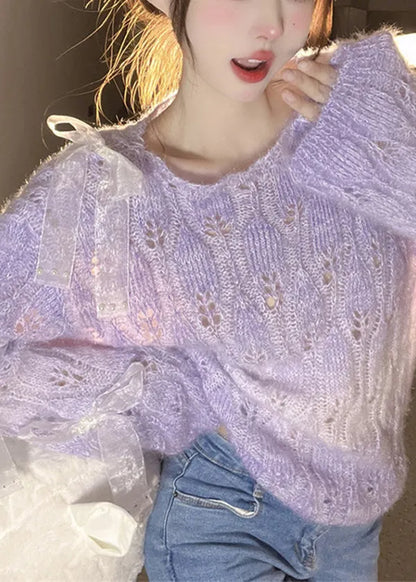 French Purple O Neck Bow Ma Hai Mao Knitted Sweaters Fall