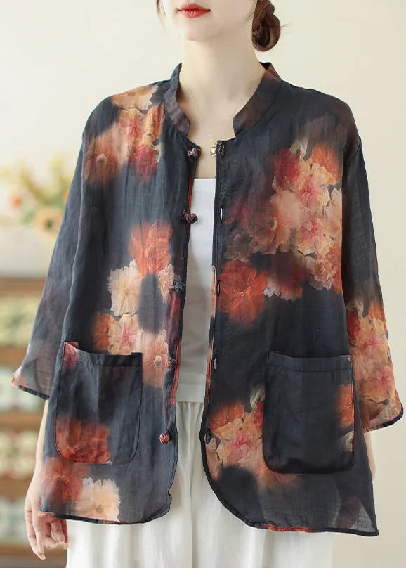Black Mandarin Collar Print Linen Tops Spring