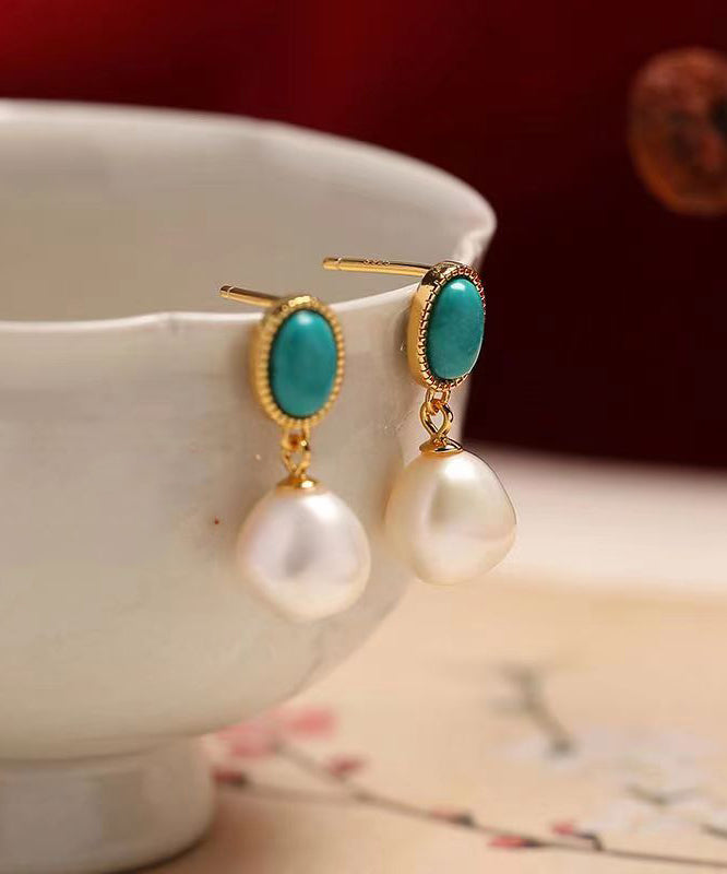 Blue Sterling Silver Overgild Turquoise Pearl Drop Earrings