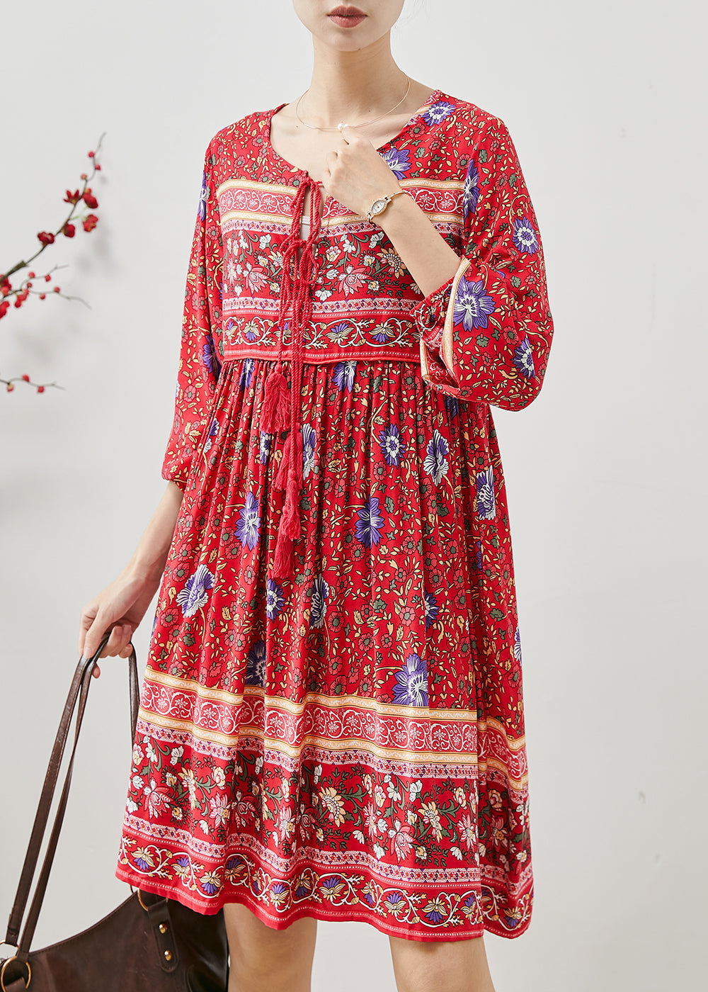 Red Tasseled Print Cotton Mini Dresses Fall