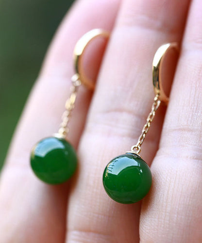 Modern Green Sterling Silver Overgild 18k Gold Jade Drop Earrings