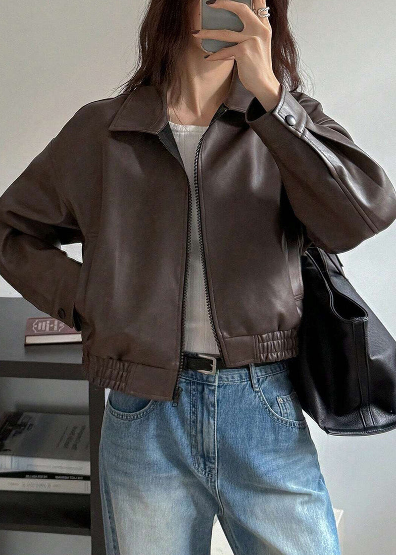 Fitted Brown Zip Up Pockets Faux Leather Coat Outwear Fall