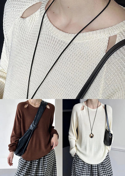 Brown O Neck Hollow Out Knit Sweaters Fall