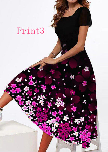 New Square Collar Print Cotton Long Dresses Summer