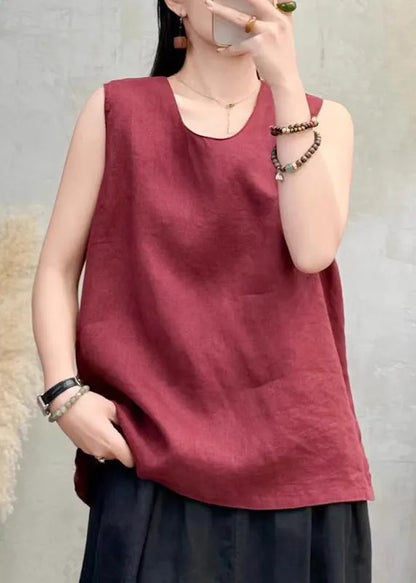 Classy Wine Red Side Open Linen Tops Sleeveless