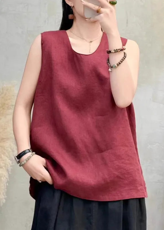 Classy Wine Red Side Open Linen Tops Sleeveless