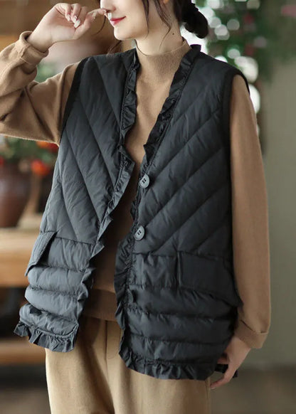 Black Ruffled Thick Duck Down Vest Tops Winter