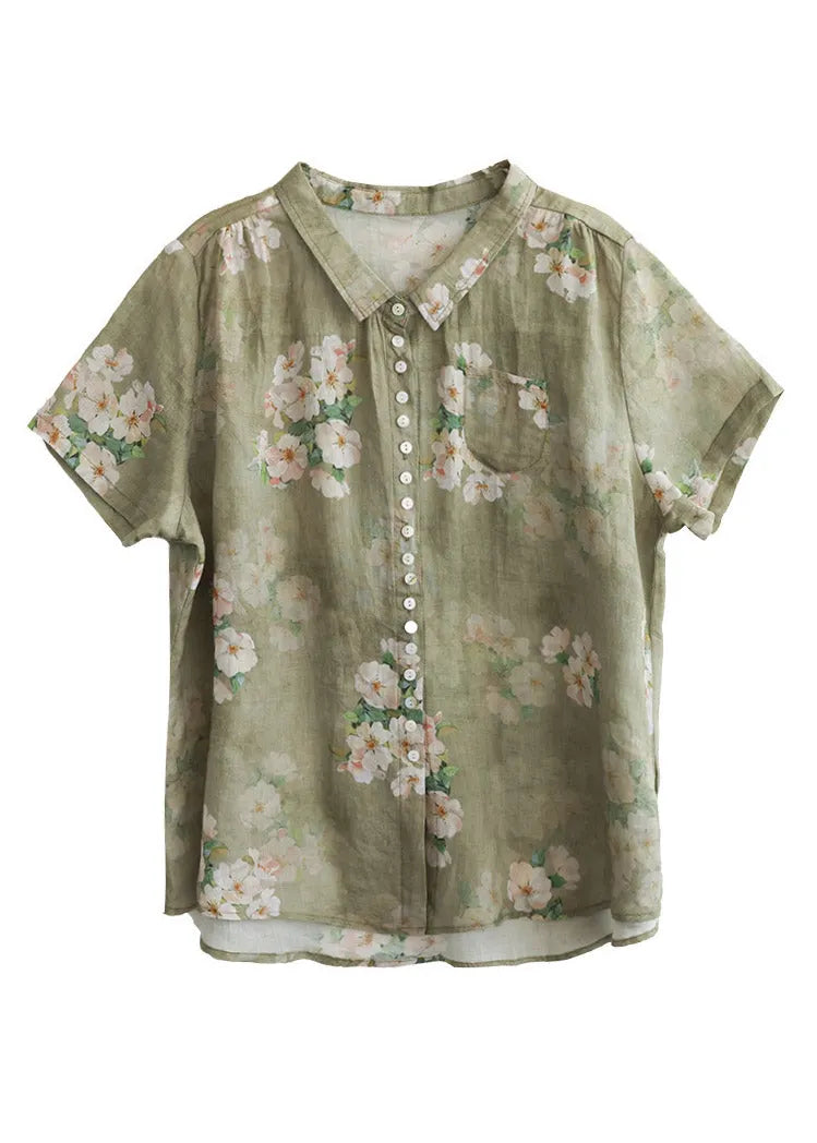 Peter Pan Collar Print Button Low High Design Linen Shirts Short Sleeve