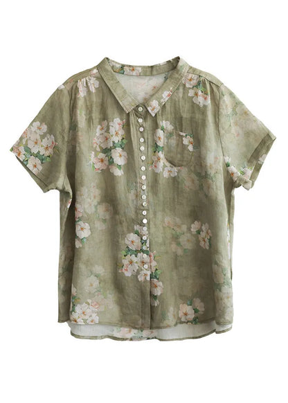 Peter Pan Collar Print Button Low High Design Linen Shirts Short Sleeve