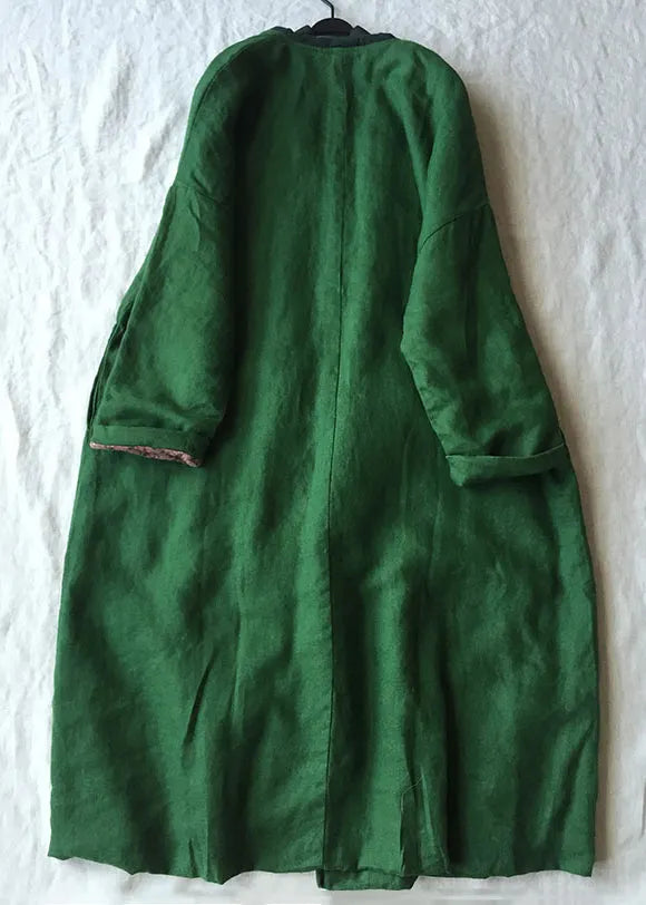 Green V Neck Button Cotton Filled Parka Long Coats Winter