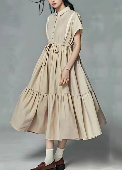 Stylish Beige Tie Waist Wrinkled Patchwork Linen Dress Summer