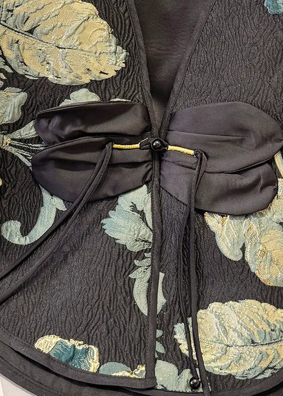 New Retro Black Tasseled Jacquard Silk Vests Summer