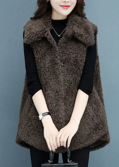 Beige Button Pockets Teddy Faux Fur Waistcoat Sleeveless