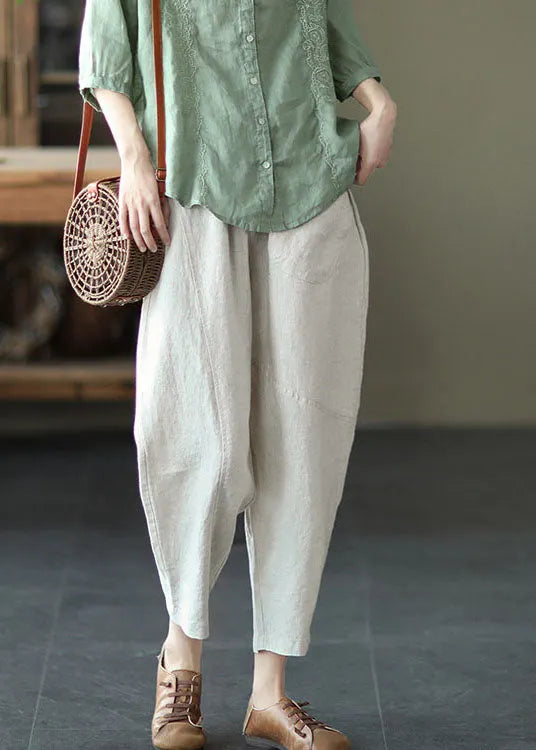 Linen Colour Linen Crop Pants High Waist Patchwork Summer