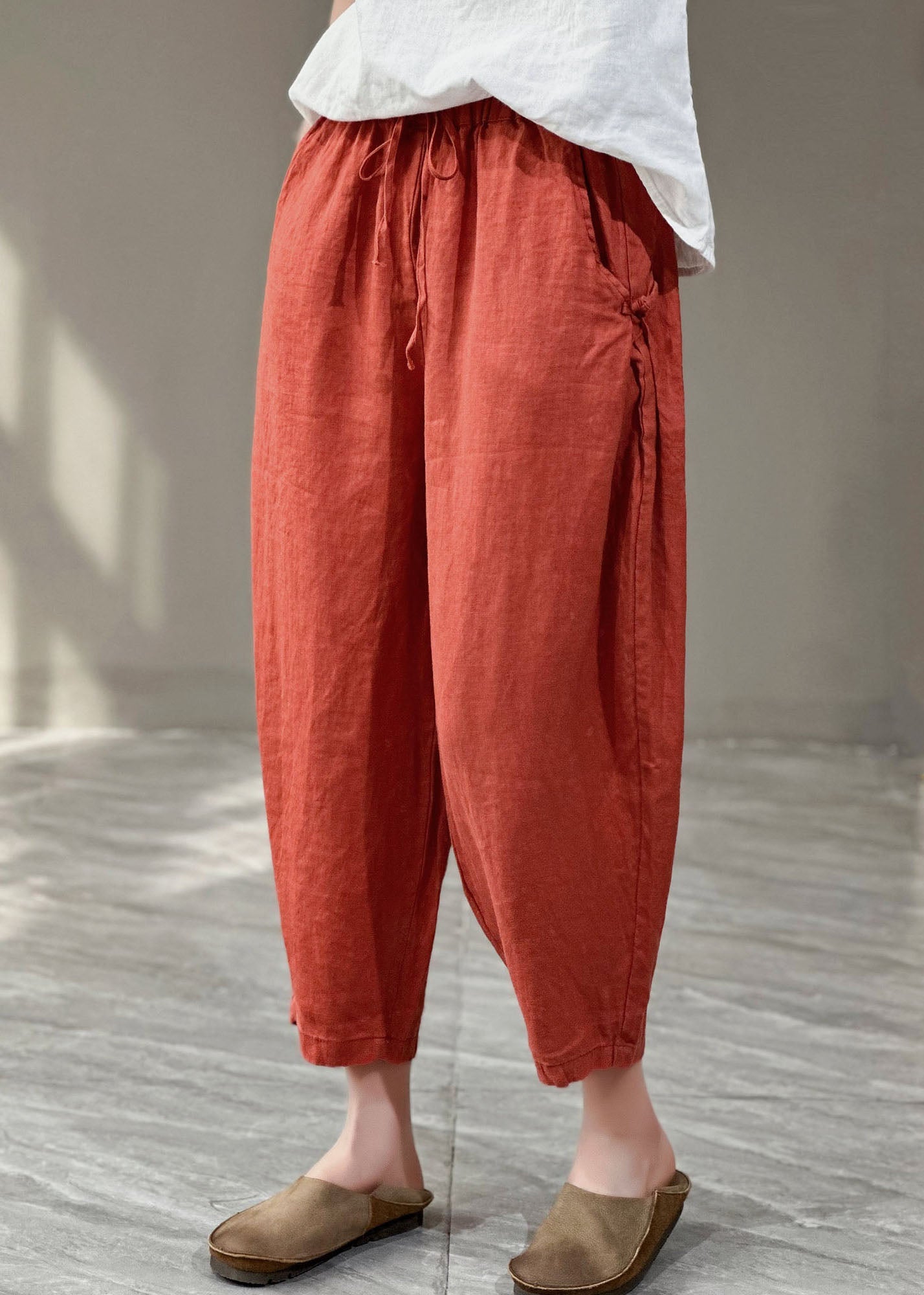 Yellow Pockets Cinched Patchwork Linen Harem Pants Summer