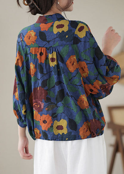 Blue Print Cotton Blouses Stand Collar Button Long Sleeve