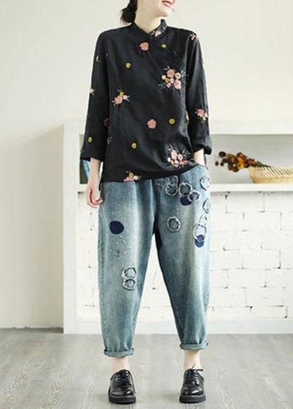 Black Embroidered Stand Collar Button Fall Long Sleeve Shirt