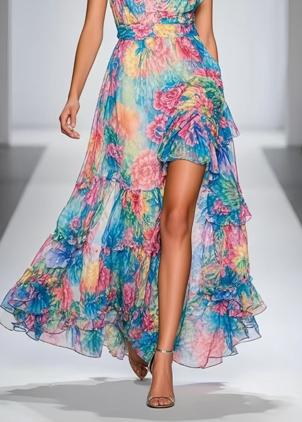 Blue Print Side Open Chiffon Maxi Dresses Summer