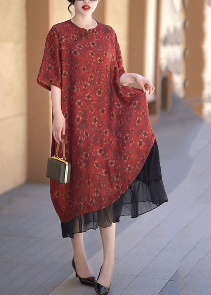 Handmade Red O-neck Asymmetrical Patchwork Silk Linen Long Dress Half Sleeve