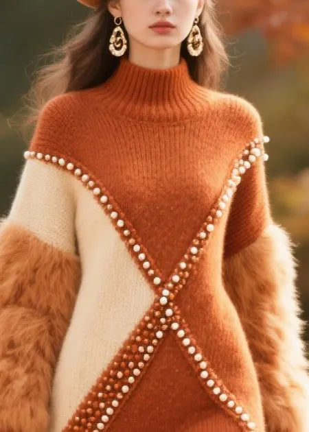 Brown Faux Fur Patchwork Nail Bead Knitwear Dress Winter