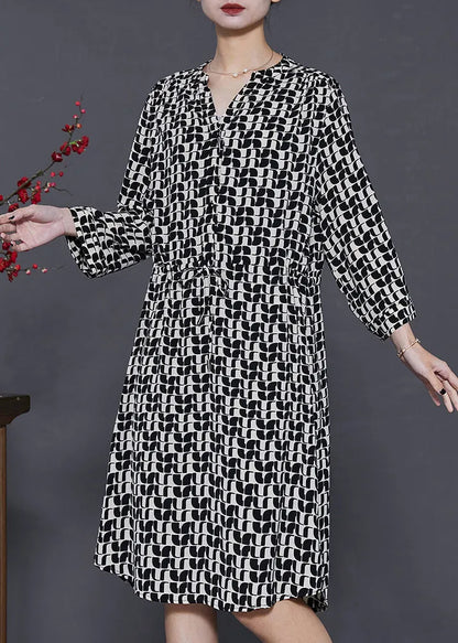 Black Cinched Print Silk Mid Dress Summer