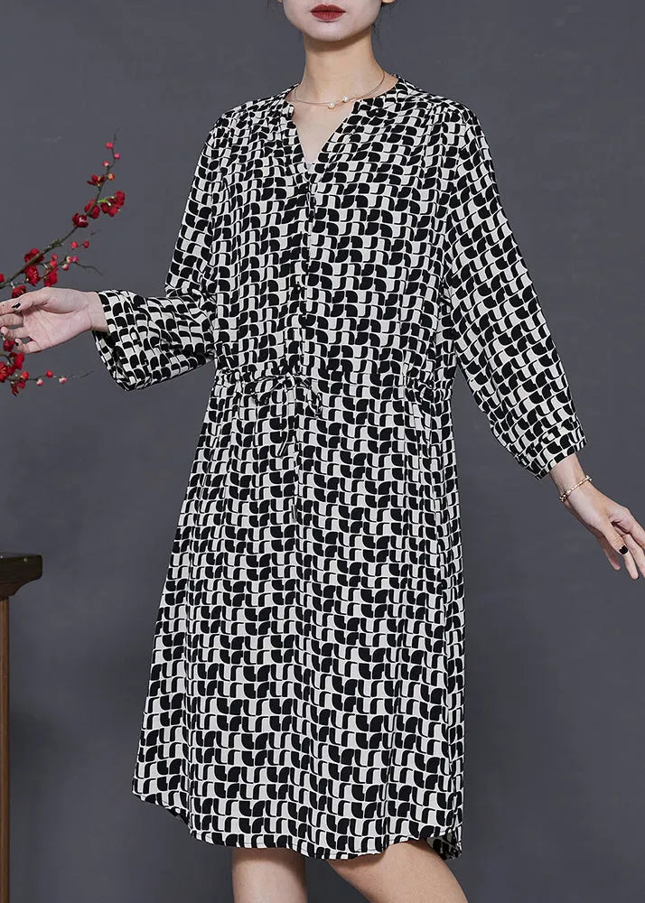 Black Cinched Print Silk Mid Dress Summer