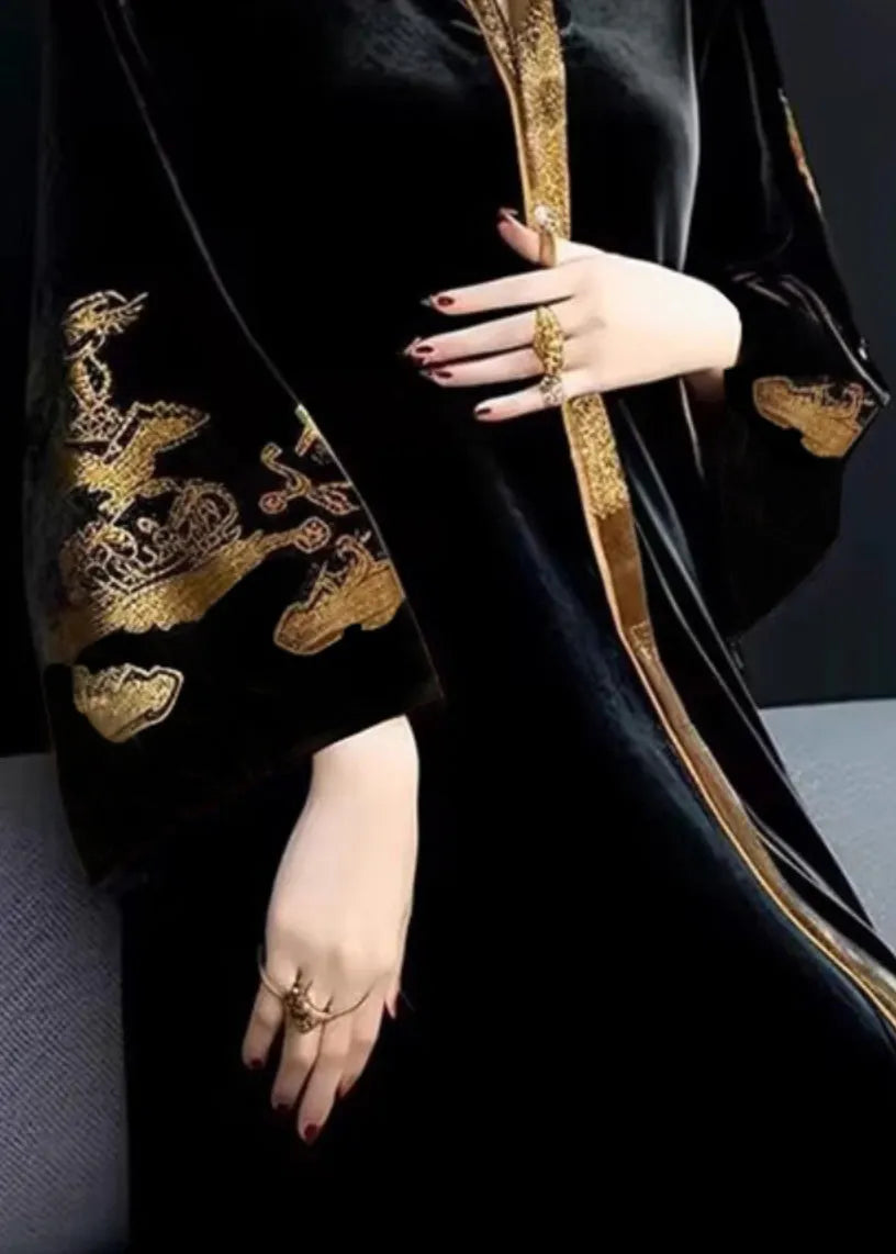 Black V Neck Print Patchwork Silk Velour Long Dresses Fall