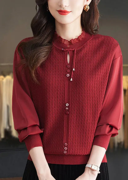 Mulberry Ruffled Patchwork Knit Sweater Tops Spring