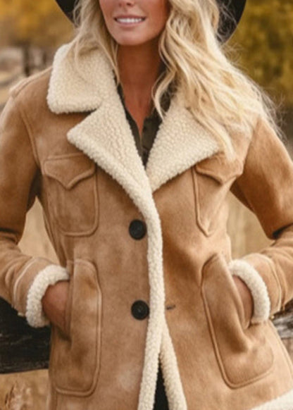 Organic Khaki Peter Pan Collar Faux Suede Fleece Wool Lined Jacket Spring