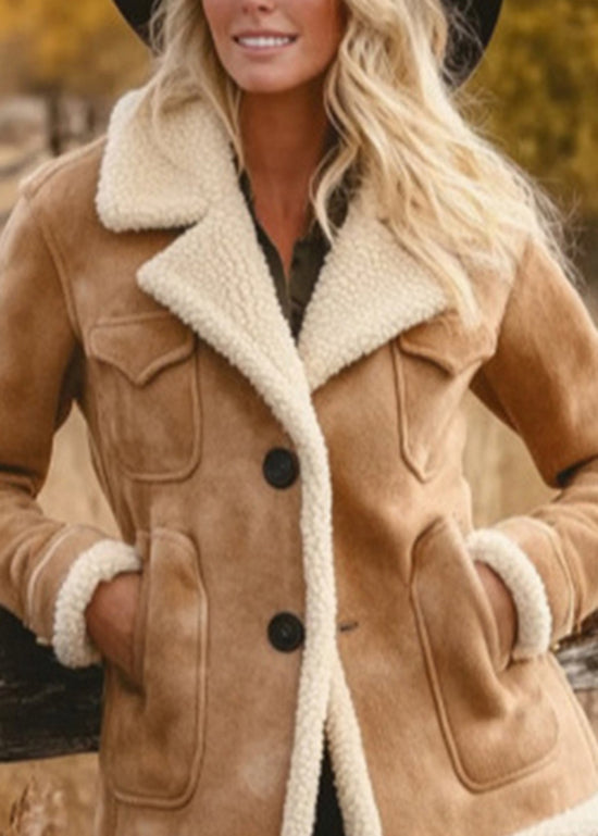 Organic Khaki Peter Pan Collar Faux Suede Fleece Wool Lined Jacket Spring
