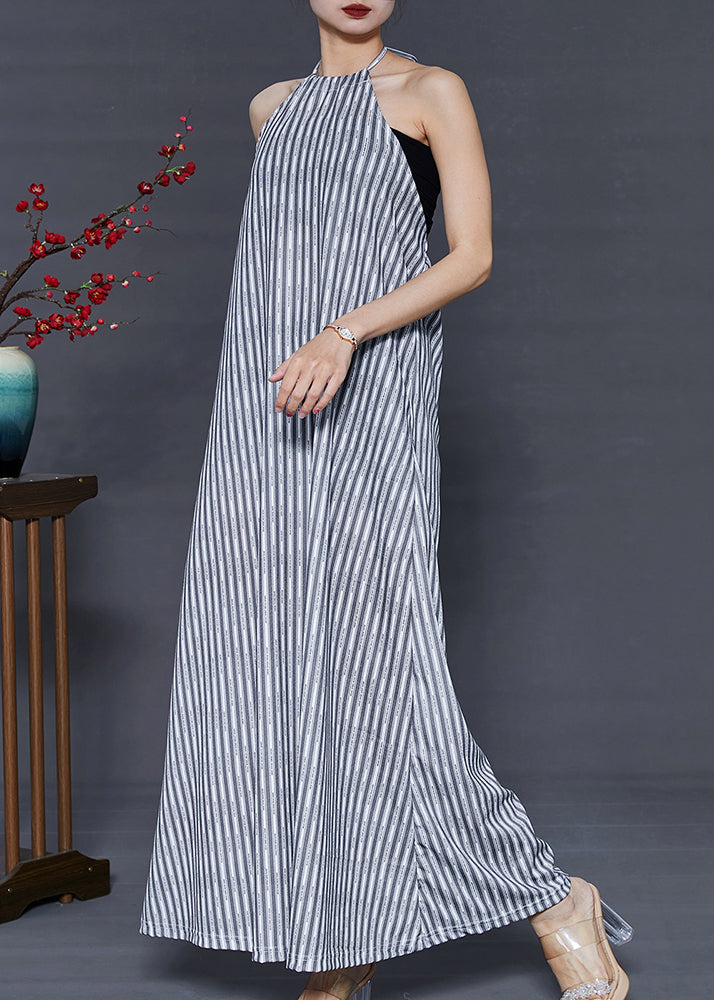 Grey Striped Backless Cotton Beach Dress Summer