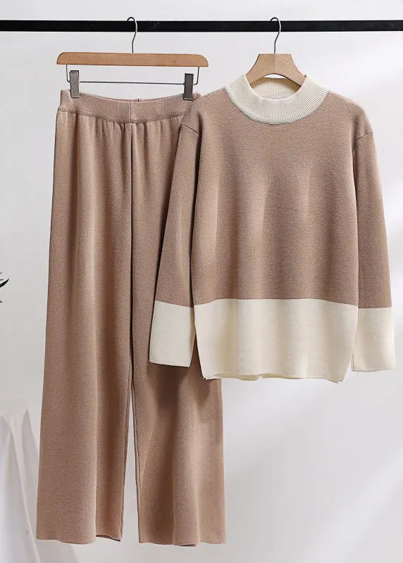 Boutique Dark Khaki O Neck Knit Two Piece Set Outfits Winter
