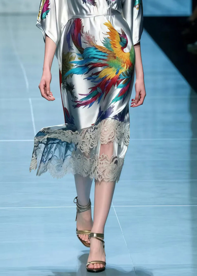 Simple Grey Phoenix Print Patchwork Lace Dress Summer