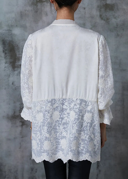 White Chinese Button Patchwork Lace Shirts Summer