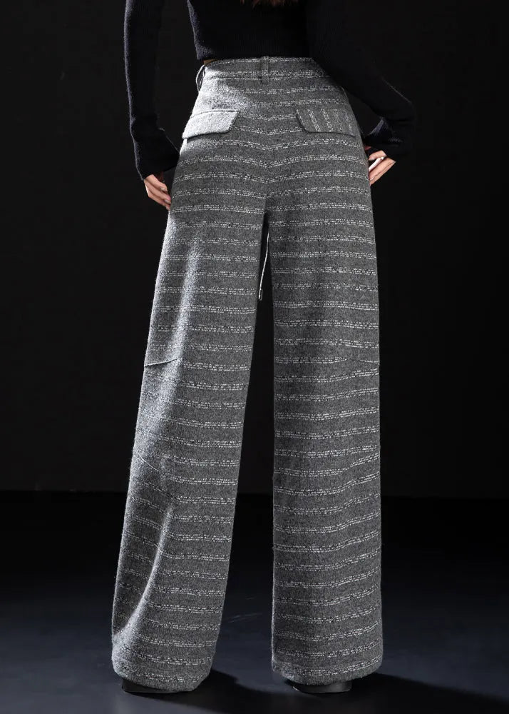 Grey Oversized Striped Woolen Straight Pants Winter