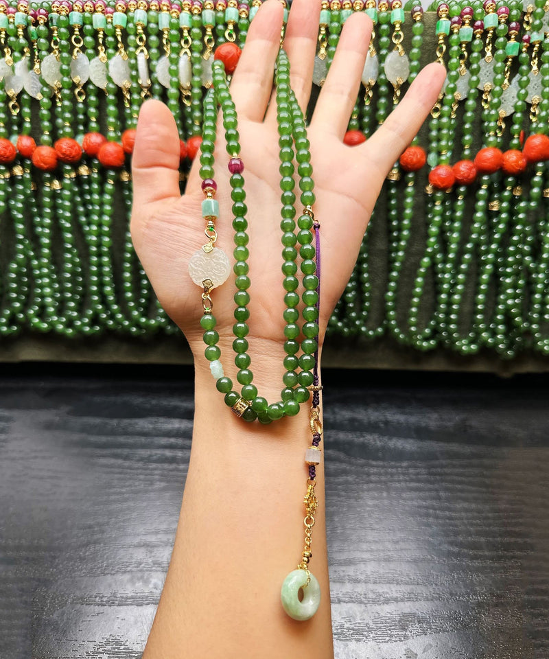 Green Sterling Silver Overgild Agate Jade Ping Buckle Pendant Necklace