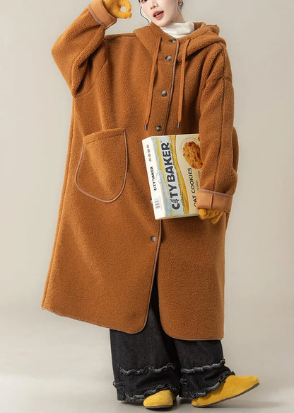 Orange Hooded Button Pockets Teddy Faux Fur Coats Winter