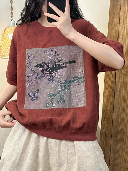 Summer Bird Print Cotton Shirt