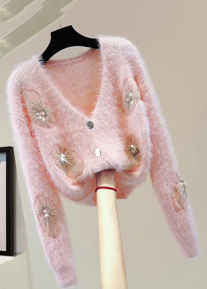 Pink V Neck Zircon Thick Mink Hair Knitted Sweater Winter