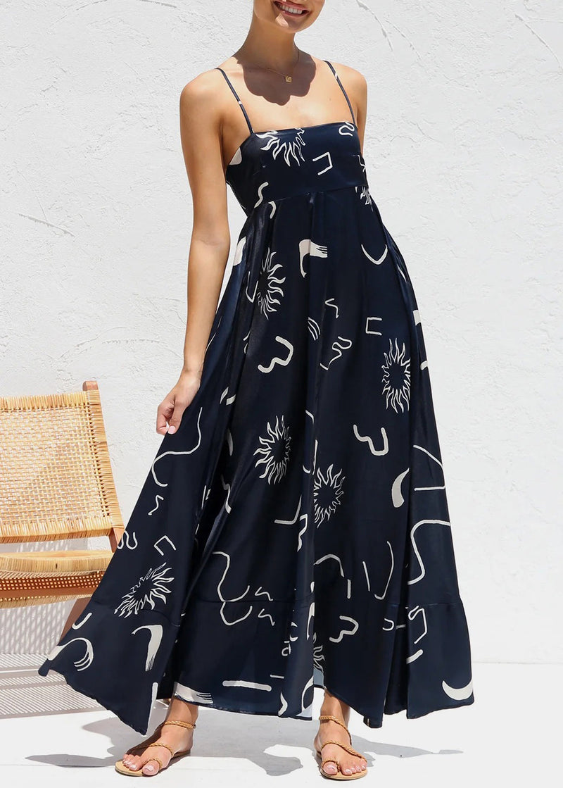 Navy Print Cotton Spaghetti Strap Dress Summer
