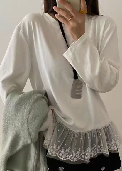 White O Neck Lace Patchwork Cotton T Shirts Top Spring