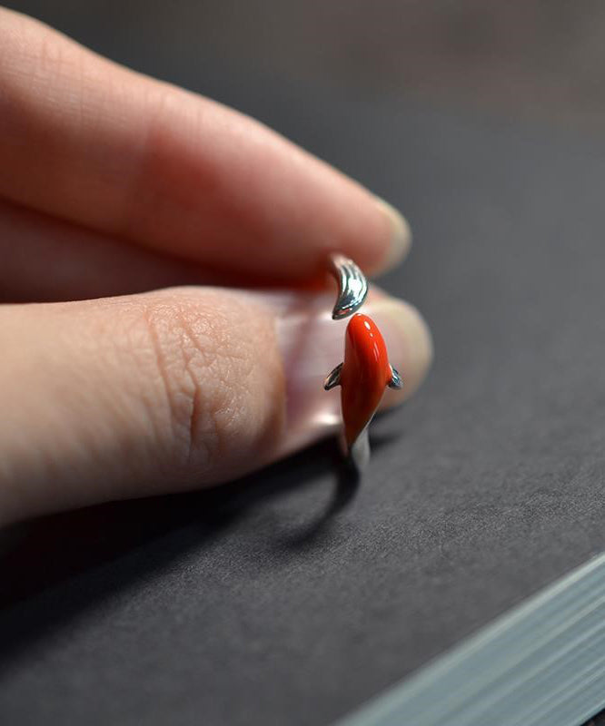 Red Sterling Silver Brocaded Carp Open Rings