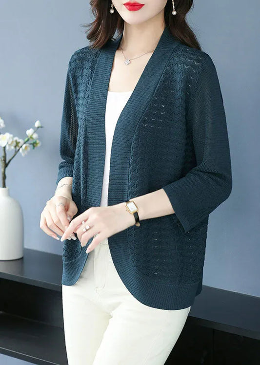 Sea Blue V Neck Patchwork Ice Size Knit Cardigan Bracelet Sleeve