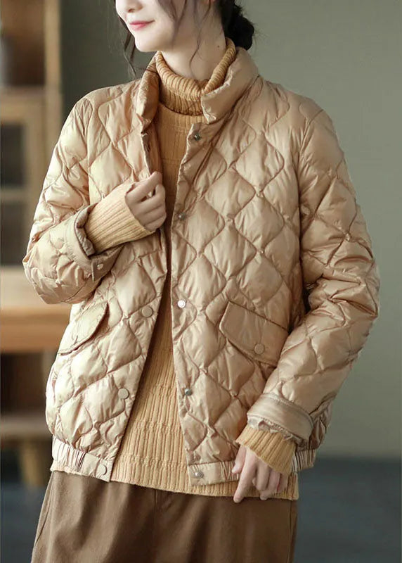 Light Green Stand Collar Pockets Button Winter Down Coat