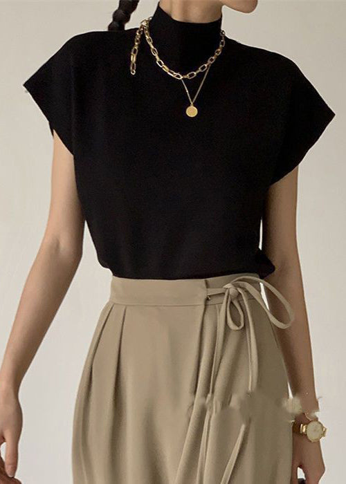 Classy Black Hign Neck Knit T Shirt Top Summer
