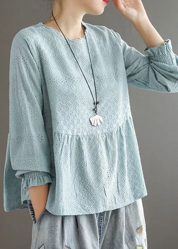 Handmade Pink O-neck Patchwork Jacquard Fall Top Long Sleeve
