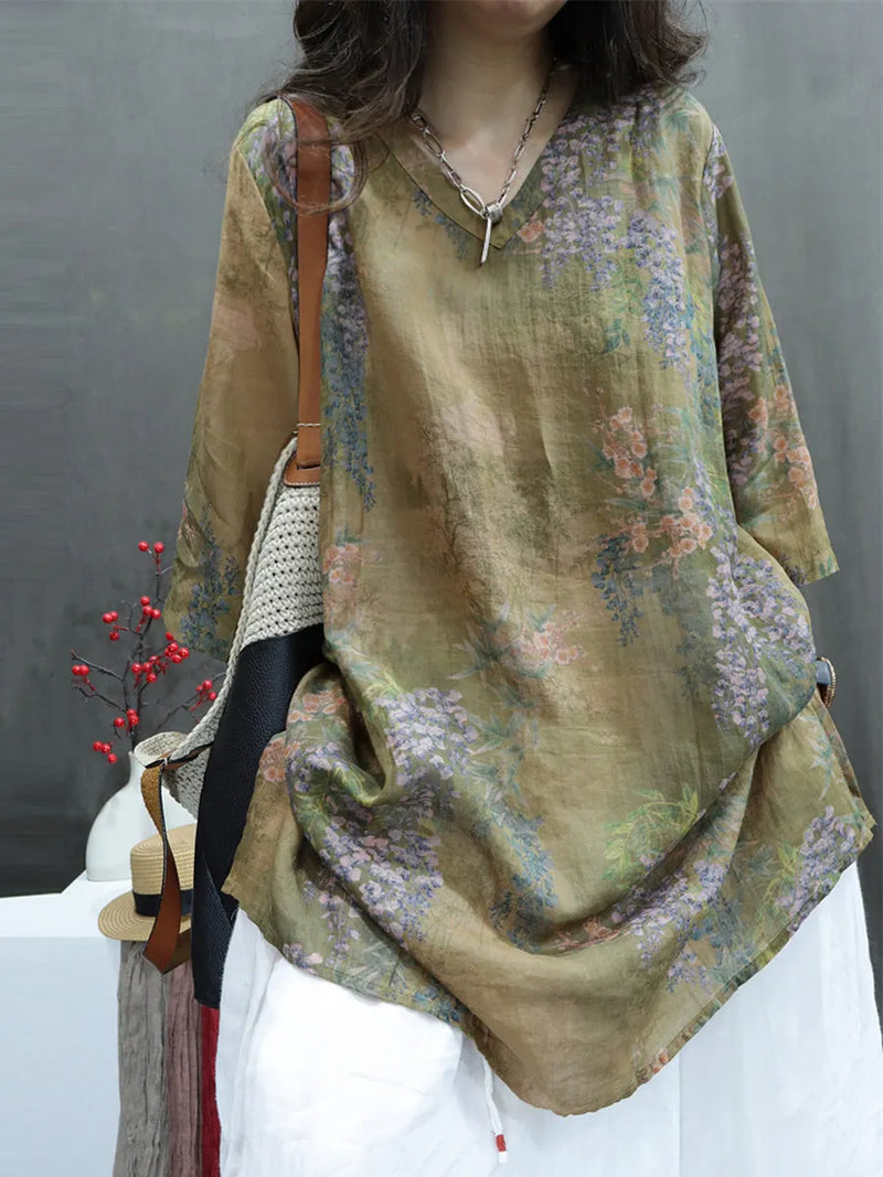 Summer Flower V-neck Ramie Long Shirt
