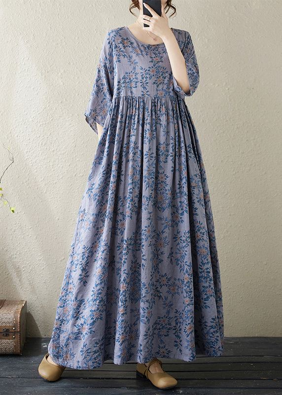 Handmade Blue O Neck Print Cotton Dress Summer